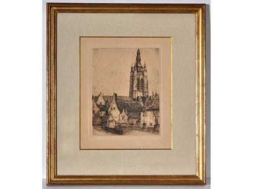 Illegible signature - Béguinage (Courtrai) - etching