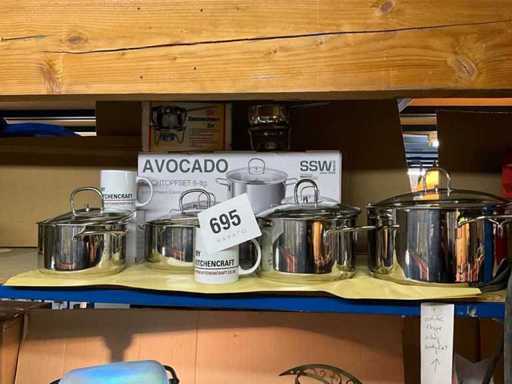 8-piece cooking pot set SSW + sauce warmers + coffee mugs