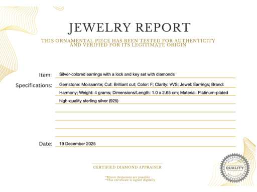 Silberfarbene Ohrringe mit Verschluss und Schlüssel mit Brillanten