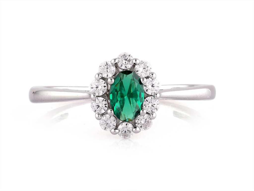 18 KT witgouden ring met natuurlijke diamant en smaragd