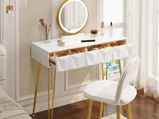 Voorgemonteerde kaptafel - met fluwelen stoel - make-uptafel - verstelbare LED-spiegel - wit+goud