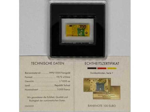 Or 999 (1/1000 oz) – Lingot miniature d’or de 100 euros (design série Euro, République du Tchad), 19,72 × 10 mm.