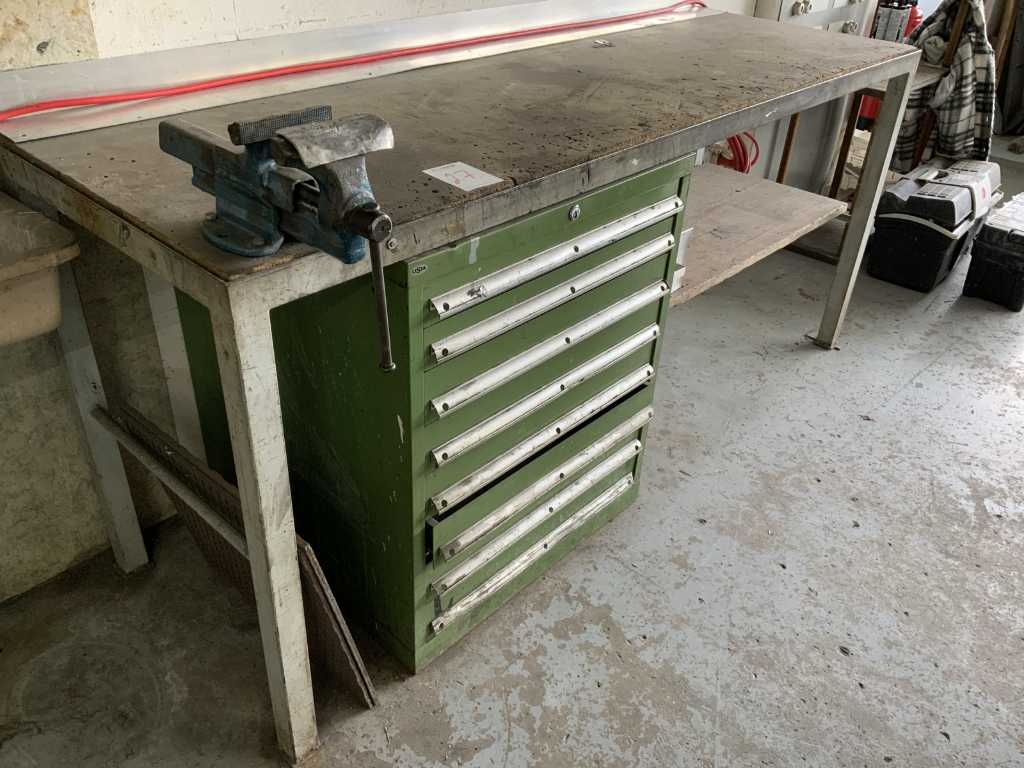 Workbench with vise and cabinet