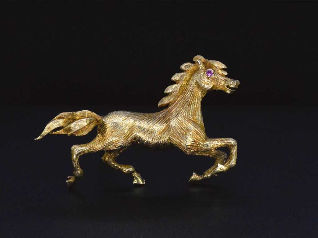 Gold Horse Brooch with Rubies