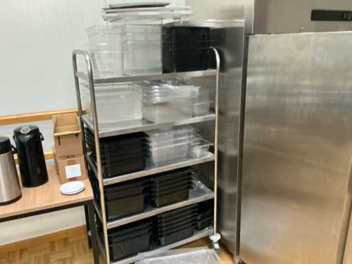 Lot of plastic bins and stainless steel cart Other kitchen supplies