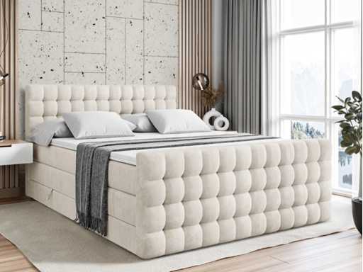 Lit boxspring 180x200 -matelas - surmatelas - coffre - velours beige