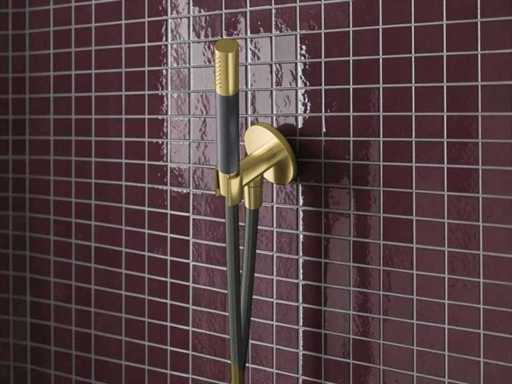 Hotbath Cobber Rod hand shower with wall outlet and shower hose brushed brass pvd matte black