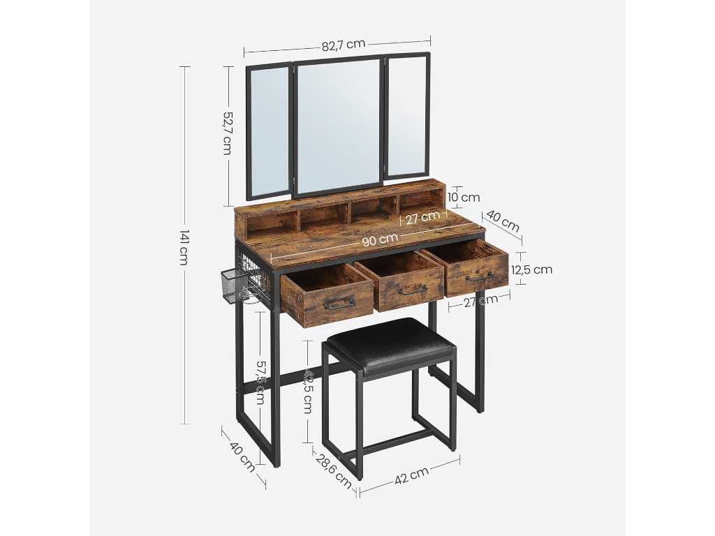 MIRA Home - Industriële Kaptafel met Spiegel - Modern Ontwerp - Ruimtebesparend - 90x40x141 cm