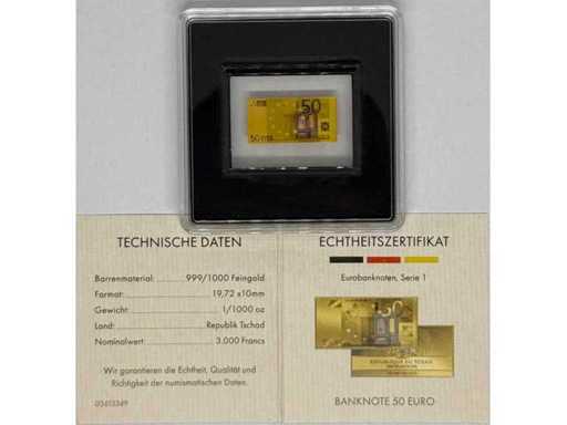 Or 999 (1/1000 oz) – Lingot miniature d’or de 50 euros (design série Euro, République du Tchad), 19,72 × 10 mm.