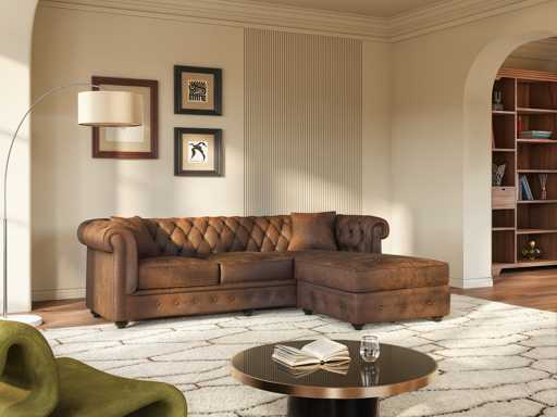 Omkeerbare Chesterfield hoekbank in verweerde microvezel - bruin