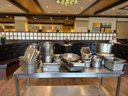 Batch of stainless steel trays, pans and dishes
