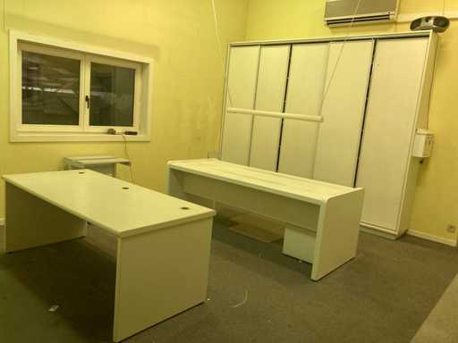 Large desks, office chair, printer and cabinets