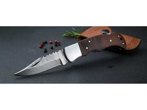 Damascus pocket knife / Damascus folding knife, wooden handle