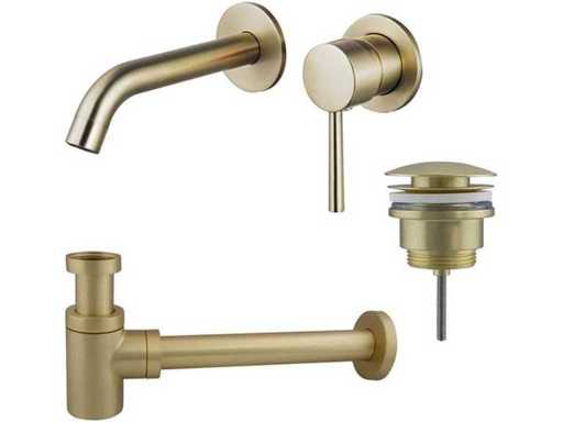 Jeu de robinets de lavabo - robinet intégré - bouchon d’évacuation à clic - siphon de conception abaissée - PVD en laiton brossé (or)