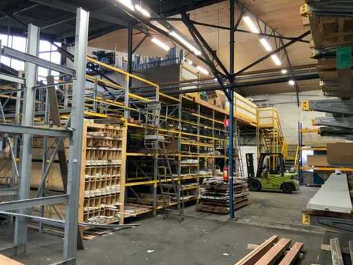 Warehouse rack with mezzanine floor, stairs and passage