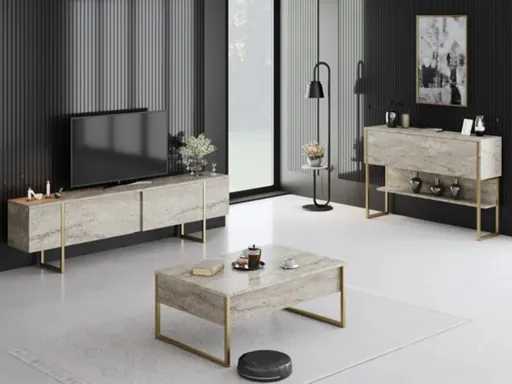Woonkamermeubelset met tv-meubel, salontafel en ladekast van travertijn