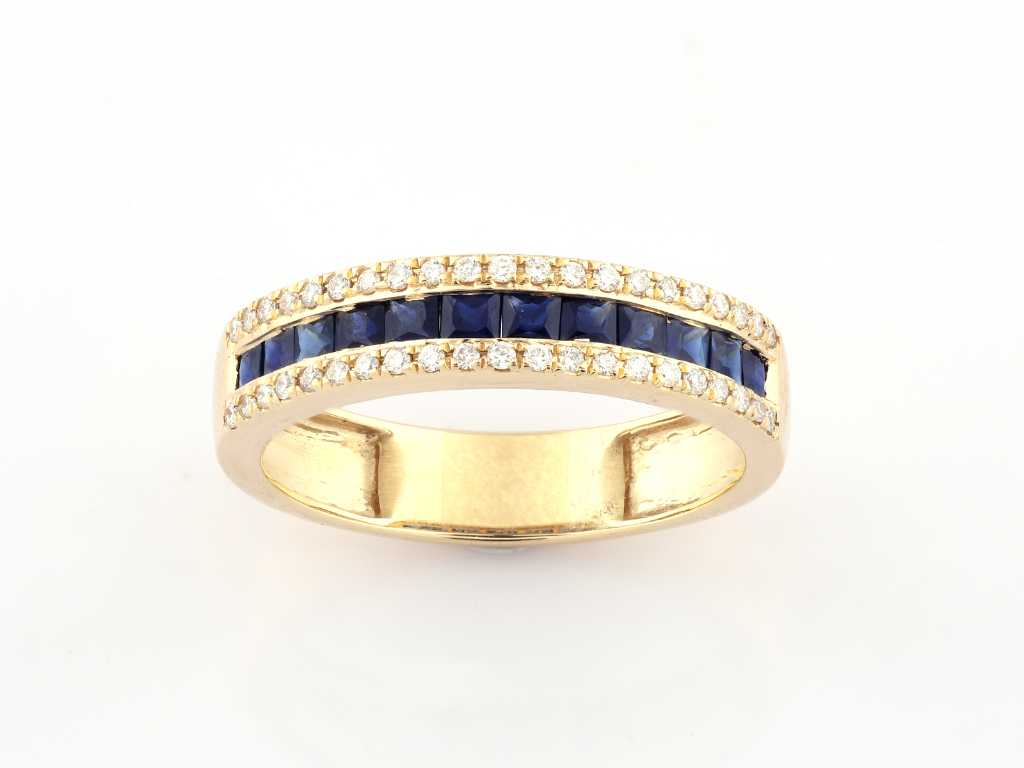 18 KT geelgouden ring met natuurlijke diamant en blauwe saffier