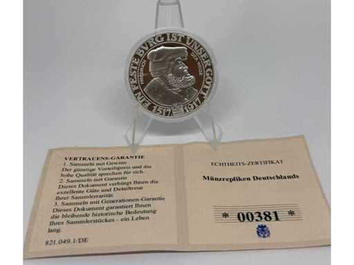 Cuivre plaqué argent – Friedrich le Sage, médaille réplique de 3 marks (Empire allemand), diamètre de 33 mm.