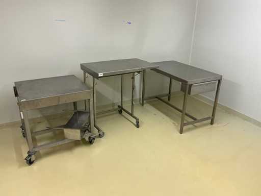 Roestvrijstalen tafel en mobiele trolleys (3x)