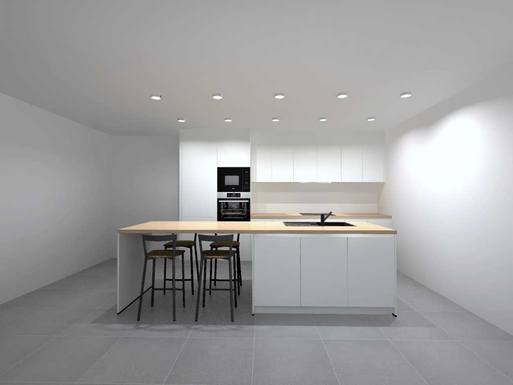 White modern handleless kitchen with island 3m without appliances