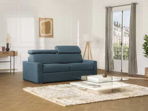 Canapé 4 places convertible express en tissu bleu - couchage lattes larges 160 cm - Matelas 22 cm avec mémoire de forme
