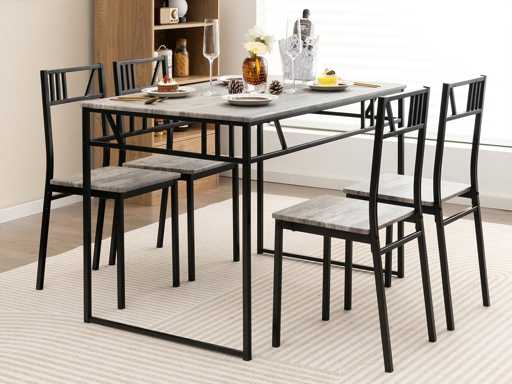 table Rectangulaire 110x70cm, Métal Noir, 4 Chaises Cuisine