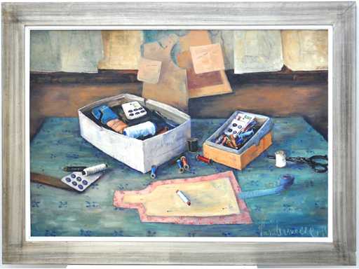 Henri Vandermoere - nature morte avec boîte à couture - huile sur toile