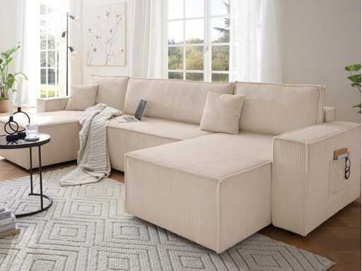 Canapé d'angle panoramique - convertible - tissu cotelé beige