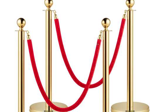 Lot de 4 barrières de délimitation en Acier Inoxydable avec tête sphérique et 2 Cordes en Velours Rouge et Colonne dorée