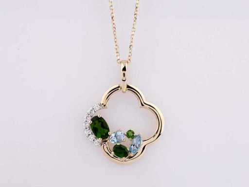 Collana in oro giallo 14 KT con ciondolo e diamante naturale 1.17 ct e topazio blu svizzero con diopside cromato