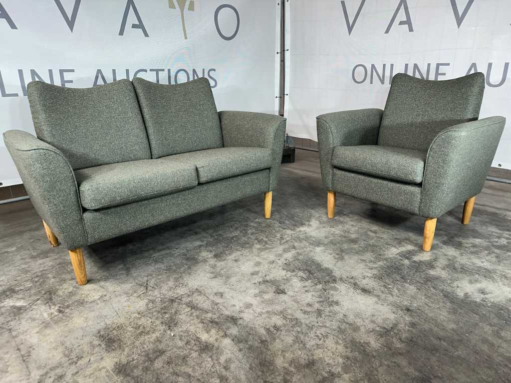 Hjort Knudsen - set of 2-seater sofa + armchair, green fabric, wooden legs