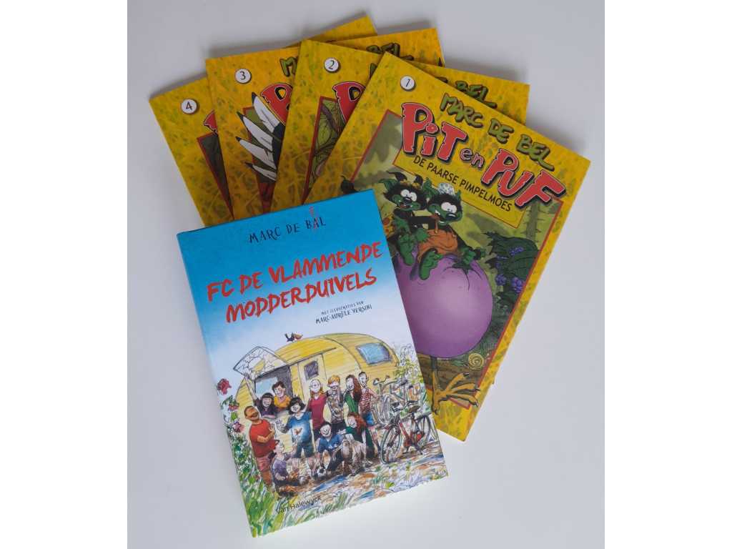 Paquet de livres dédicacés Marc de Bel : FC De Vlamde Modderduivels + quatre livres de bandes dessinées