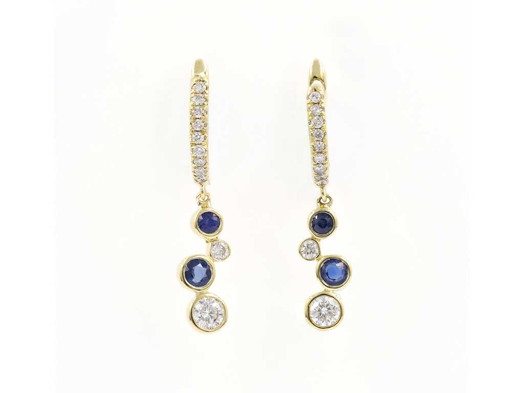 Boucle d’oreille en or jaune 14 carats avec diamants naturels et saphir bleu