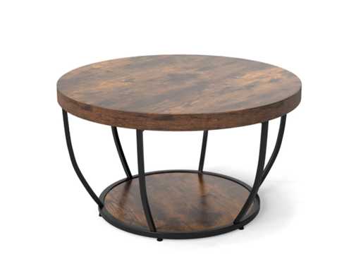 Round wooden coffee table with 2 tiers and metal frame