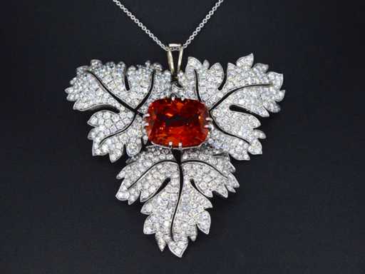 Weißgoldanhänger mit Diamanten und Edelstein Spessartien von 13 Karat
