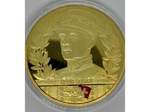 Zwitserse Bergtroepen – Skipatrouille 1916 – Zwitserland – Vergulde koperen herdenkingsmedaille met kleurenprint – 70 mm