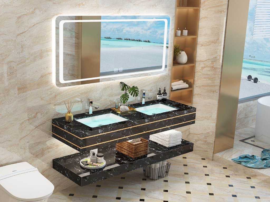 Dulap de baie duo din 2 piese negru-marmură. Cu oglindă LED (120cm)