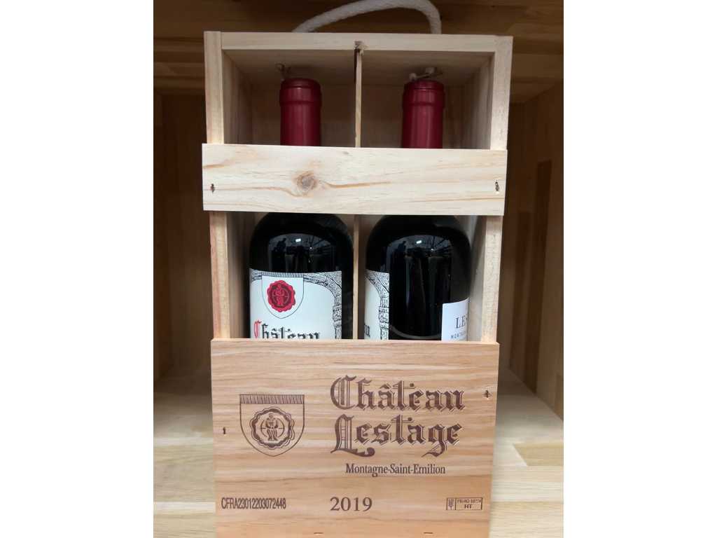 2019 - DREWNIANA SKRZYNKA 2 BTLS CHATEAU LESTAGE;, MONTAGNE ST EMILION - Czerwone wino (12x)