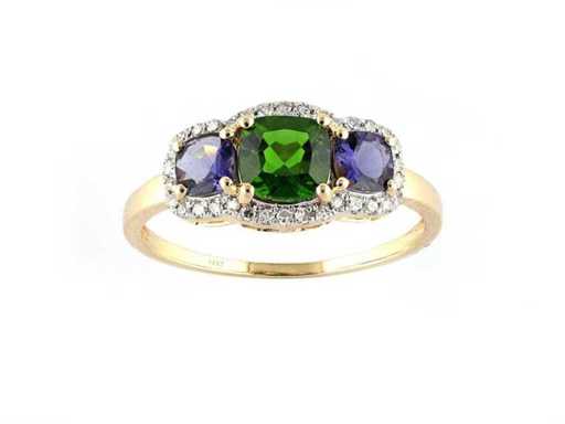 14 KT Gelbgoldring mit 1,61 cts Naturdiamant mit Chromdiopside und Iolith