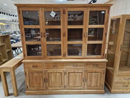 Vitrine en teck diamant classique 200 x 50 x H210cm, 8 portes et 4 tiroirs