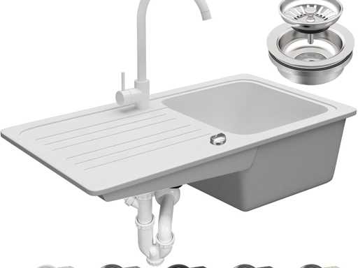 Aquamarin® sink - granite, set, approx. 75.9 x 45.9 cm, with drain, reversible drainer, rectangular, white - sink