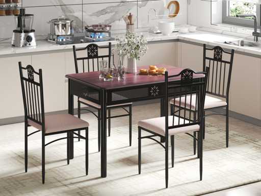 5-piece dining set including a wood and metal table and 4 chairs with cushions