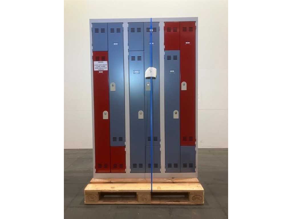 Schrank mit 6 Türen Länge 1200mm, Höhe 1800mm, Tiefe 500mm, blau/rot, gebraucht 