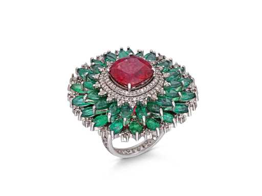 Inel cu smaralde naturale din diamant și turmalină roșie