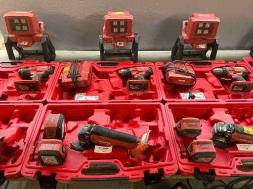 Set de unelte fără fir Hilti b.u.: polizator unghiular, burghiu și lumină de construcții în caz