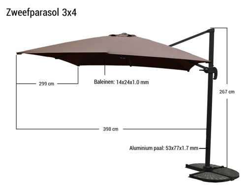 Parasol - Aluminium frame, 200 grams brandvertragend doek - Paralux - Incl. parasolvoet; zelf te verzwaren - Caviero