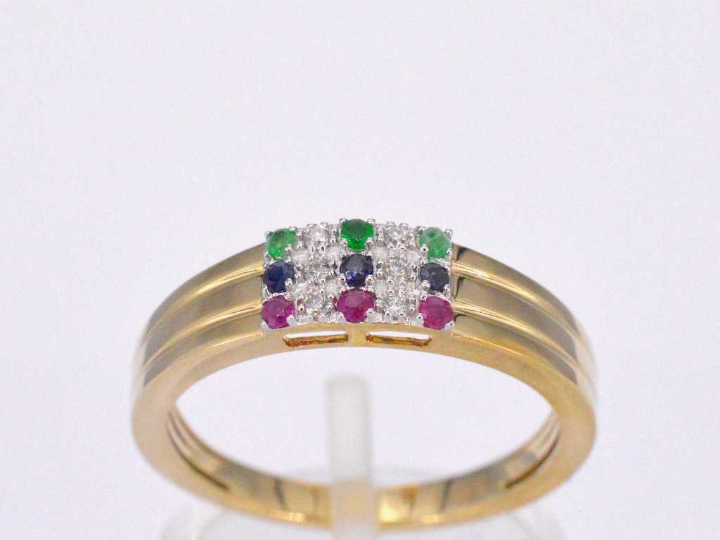 Gold ring with diamond and multicolour gemstones