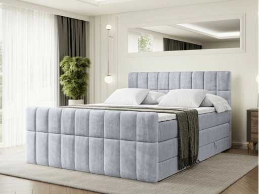 Lit boxspring 200x200 -matelas - surmatelas - coffre - velours gris clair