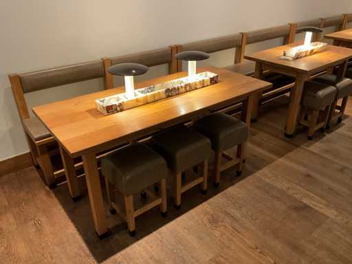 Hutten - Set van halfhoge tafels (2x), banken (2x) & krukken (5x)