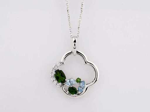 14 KT White Gold Necklace with Pendant With Natural Diamond and Swiss Blue Topaz and Chrome
